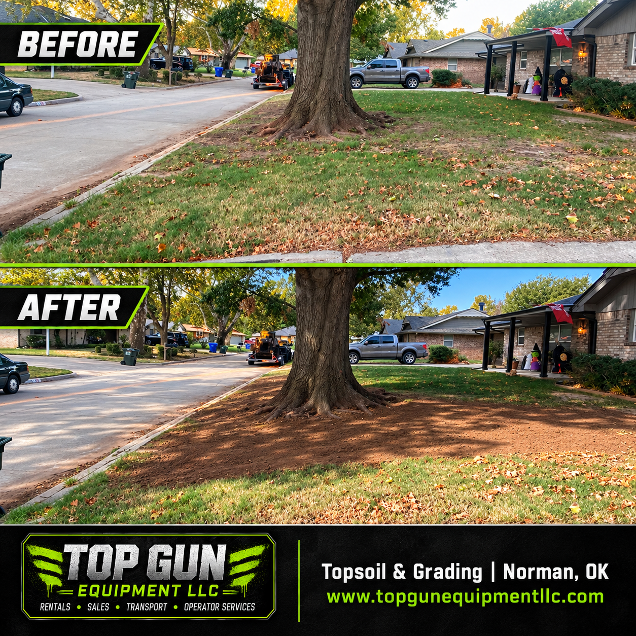 Before and after topsoil placement and yard grading in Norman by Top Gun Equipment LLC