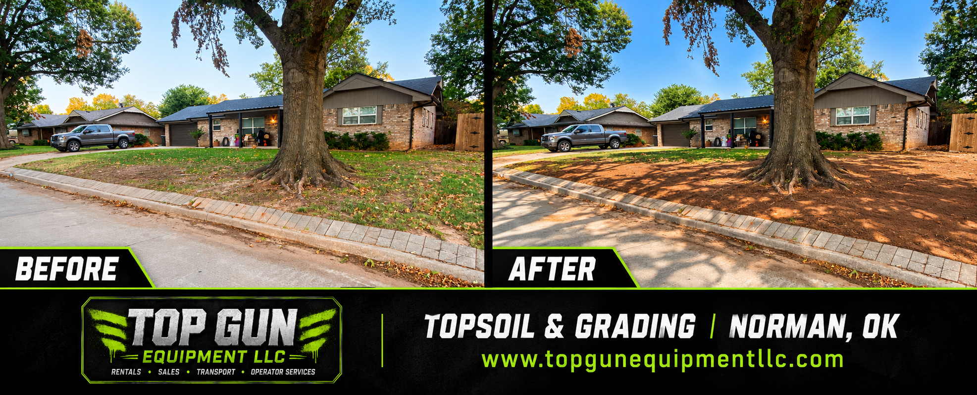 Before and after topsoil placement and yard grading in Norman by Top Gun Equipment LLC